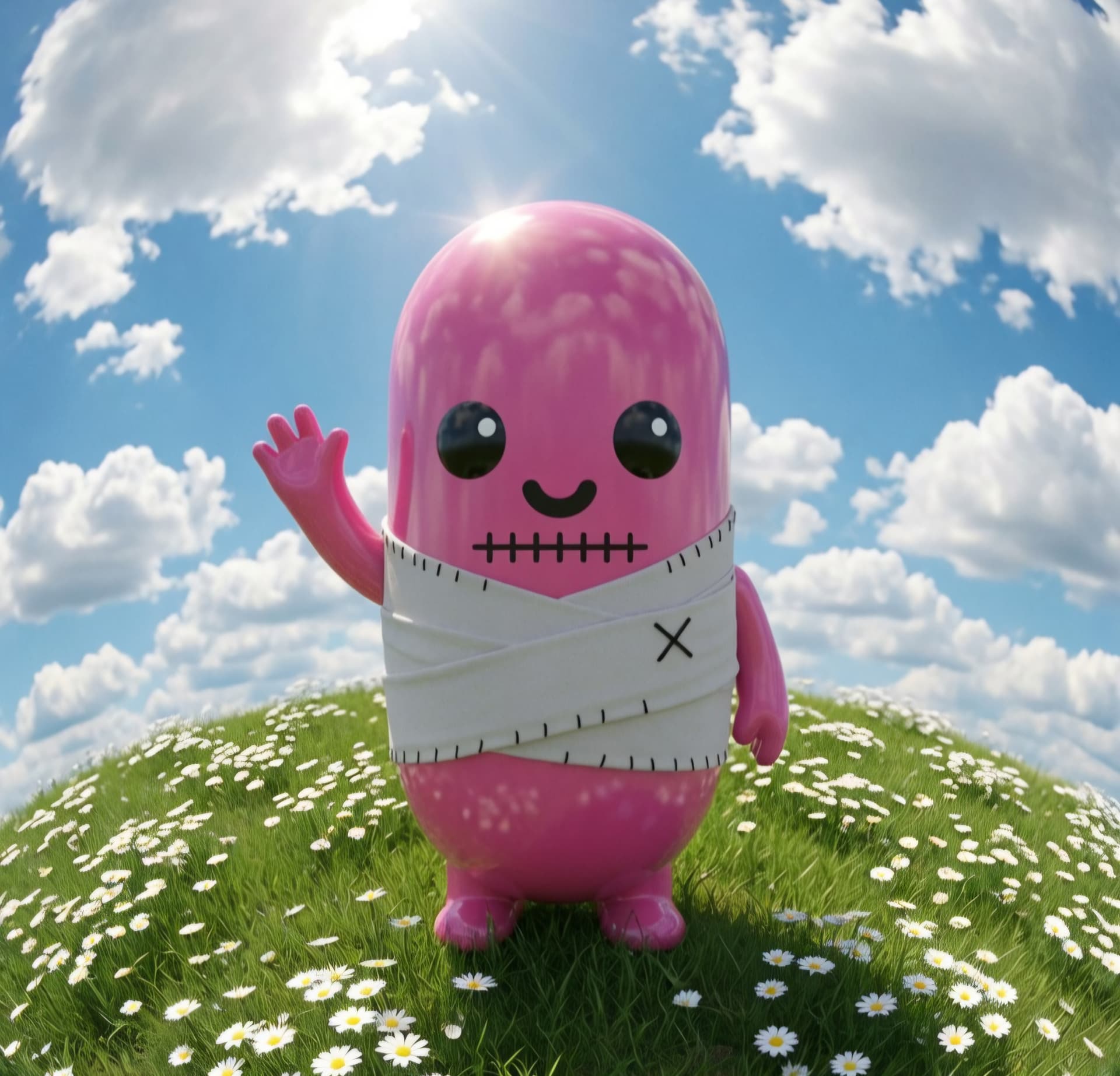 Mr. Stompy waving in a sunny meadow
