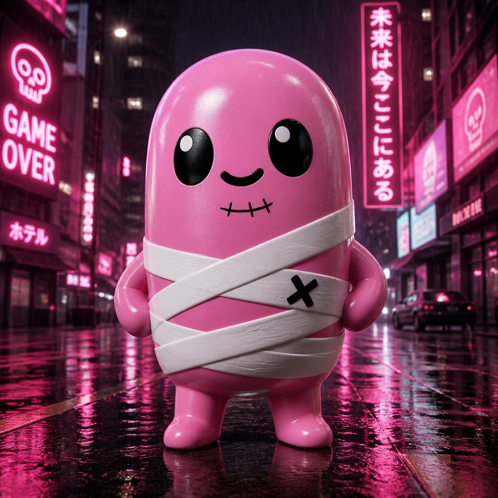 Mr. Stompy on a neon city street